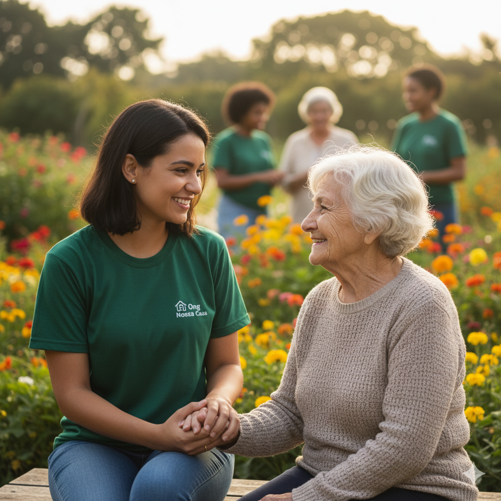 Voluntários ajudando idosos na Ong Nossa Casa