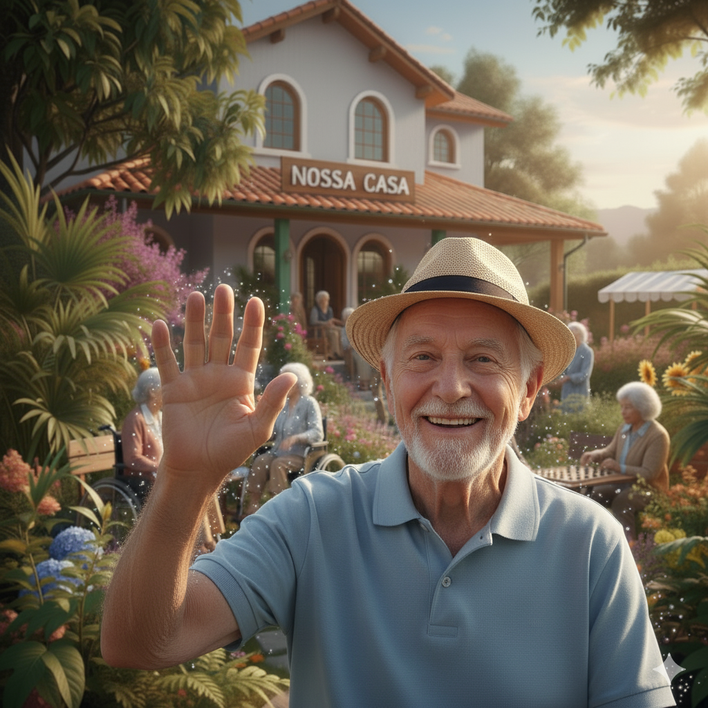 Sede da Ong Nossa Casa com idosos no jardim